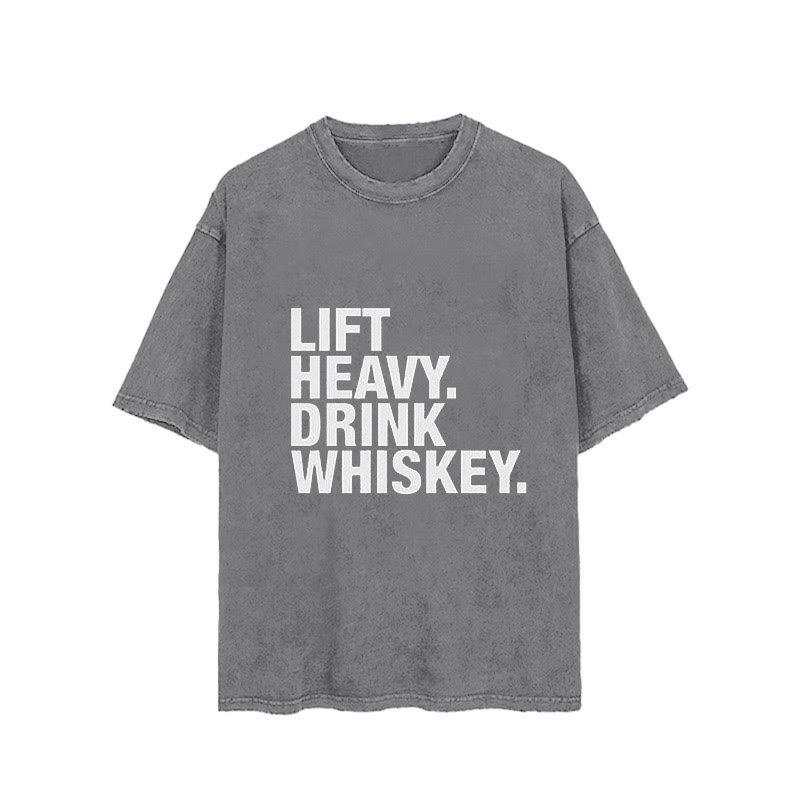100% Cotton Lift Heavy Drink Whiskey Vintage Printed Washed Gym T-shirt - Grey - 2XL - image 2