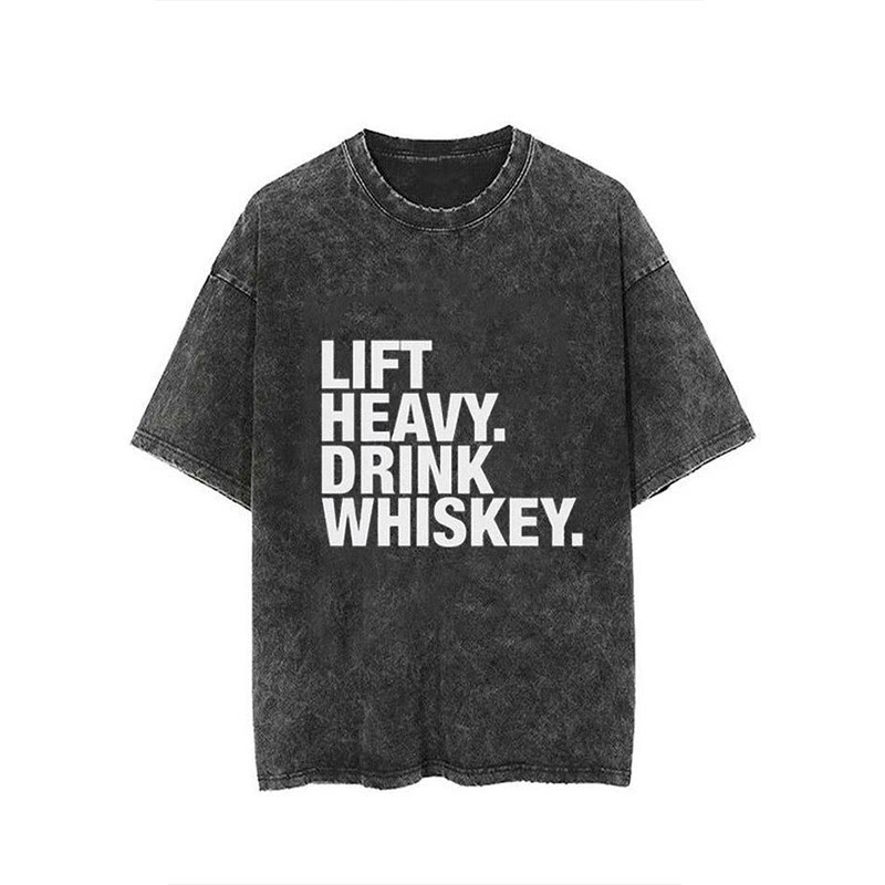 100% Cotton Lift Heavy Drink Whiskey Vintage Printed Washed Gym T-shirt - Black - 2XL - image 1