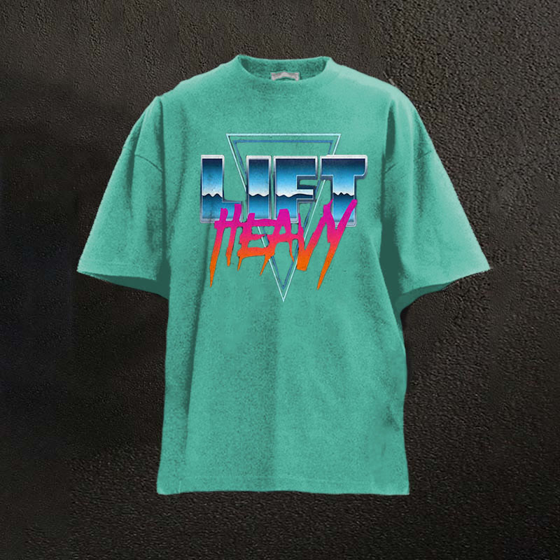 100% Cotton Lift Heavy Printed Washed Gym T-shirt - Green - 2XL - image 2