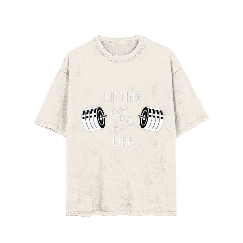 100% Cotton Lifting My Best Life Vintage Printed Washed Gym T-shirt - Apricot - 2XL - image 3