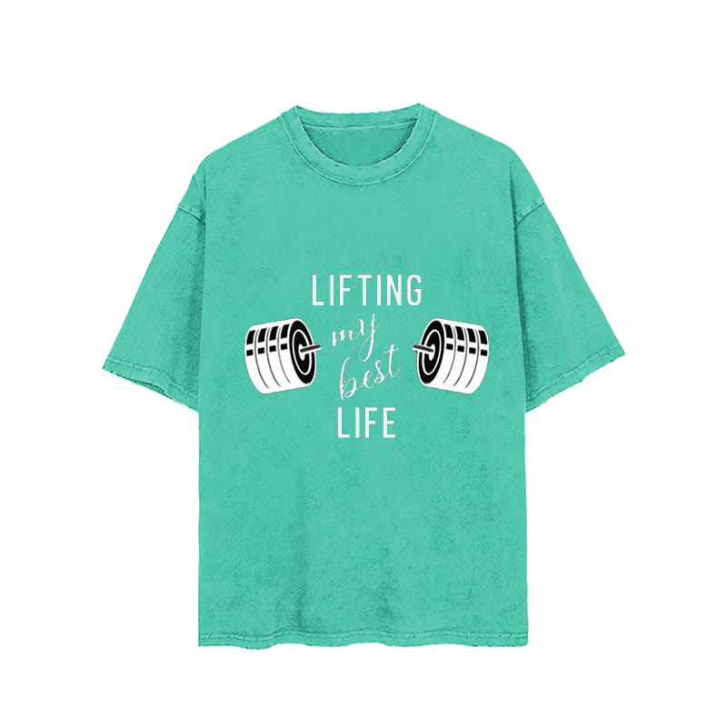 100% Cotton Lifting My Best Life Vintage Printed Washed Gym T-shirt - Green - 2XL - image 1