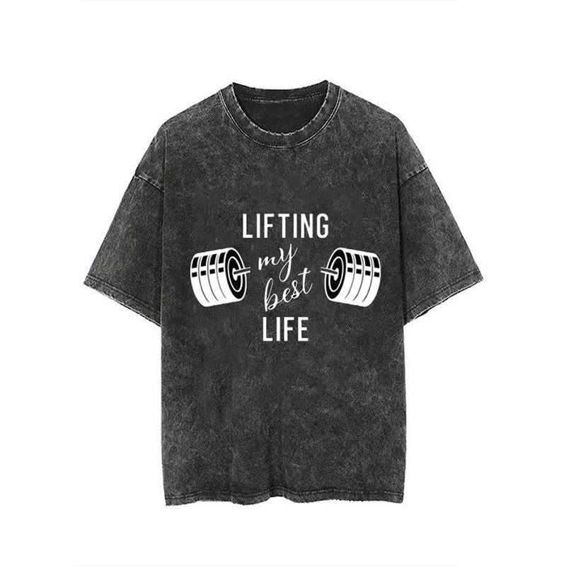 100% Cotton Lifting My Best Life Vintage Printed Washed Gym T-shirt - Black - 2XL - image 5
