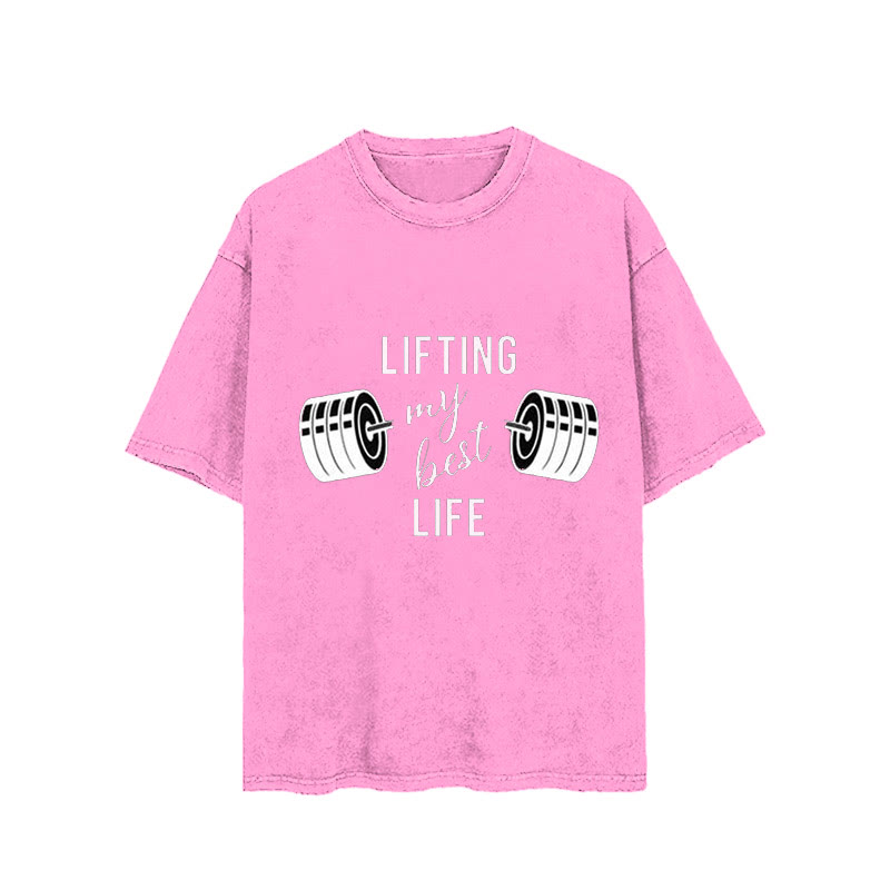 100% Cotton Lifting My Best Life Vintage Printed Washed Gym T-shirt - Pink - 2XL - image 2