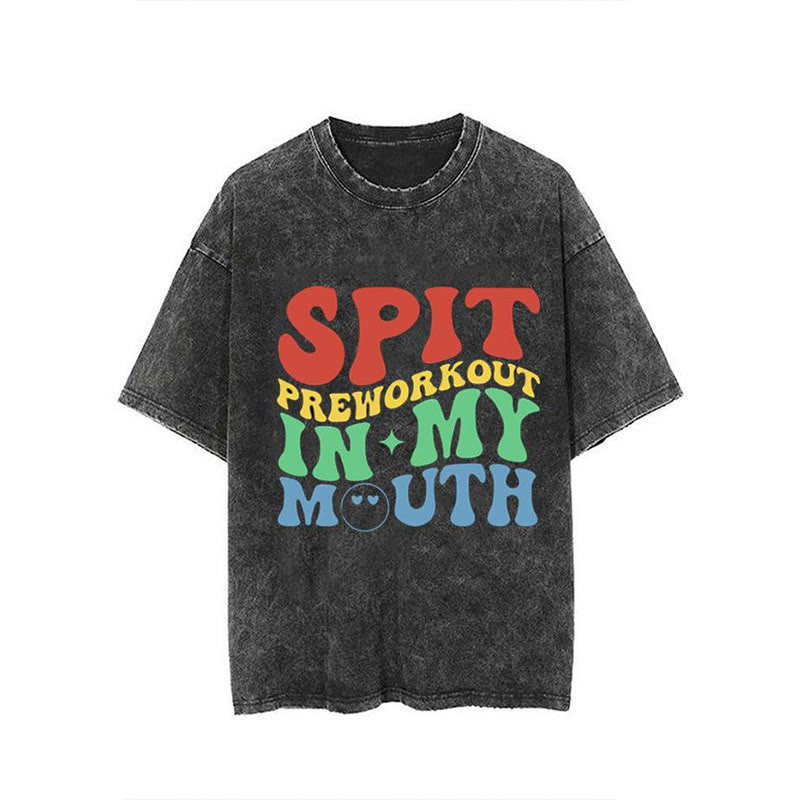 100% Cotton SPIT Preworkout In My Mouth Vintage Printed Washed Gym T-shirt - Black - 2XL - image 1