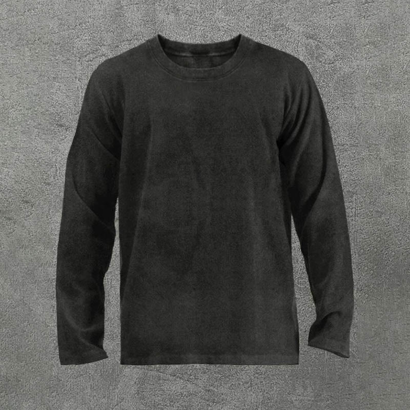 100% Cotton Solid Color Acid Washed Long Sleeves T-shirt - Black - 3XL - image 1