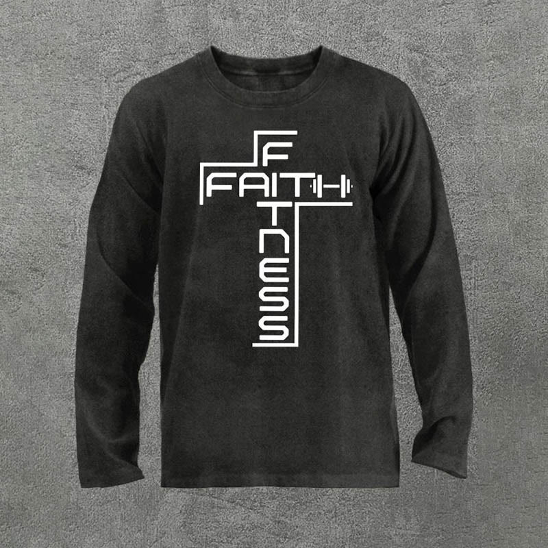 100% Cotton Faith And Fitness Printed Acid Washed Long Sleeves T-shirt - Black - 3XL - image 1