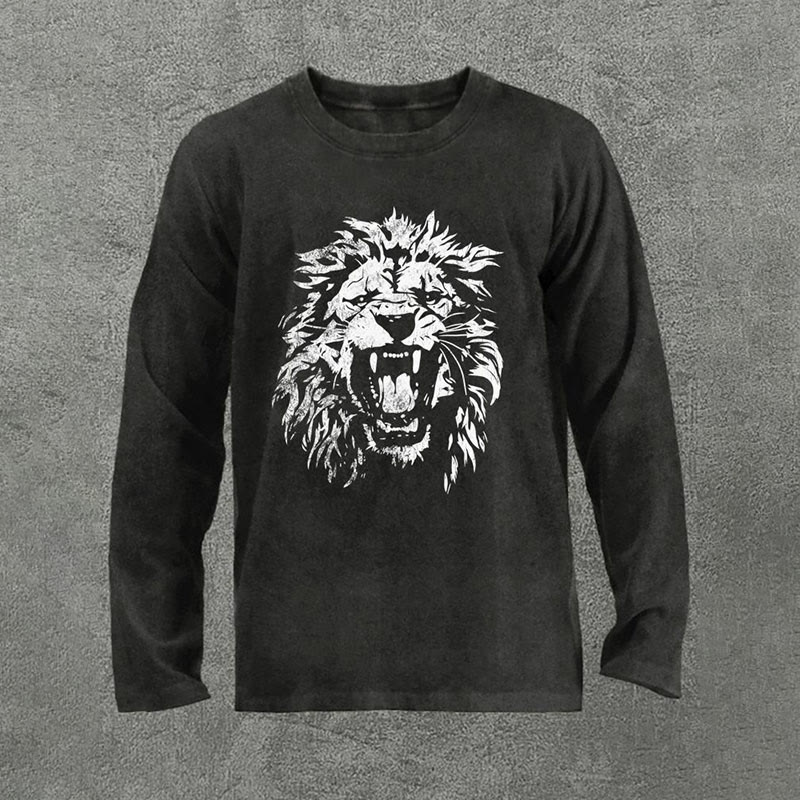 100% Cotton Roaring Lion Printed Acid Washed Long Sleeves T-shirt - Black - 3XL - image 1