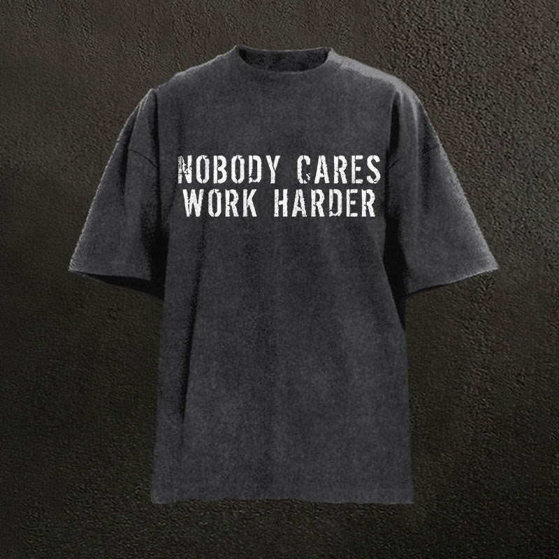 100% Cotton Nobody Cares Work Harder Printed Washed T-shirt - Black - 2XL - image 2