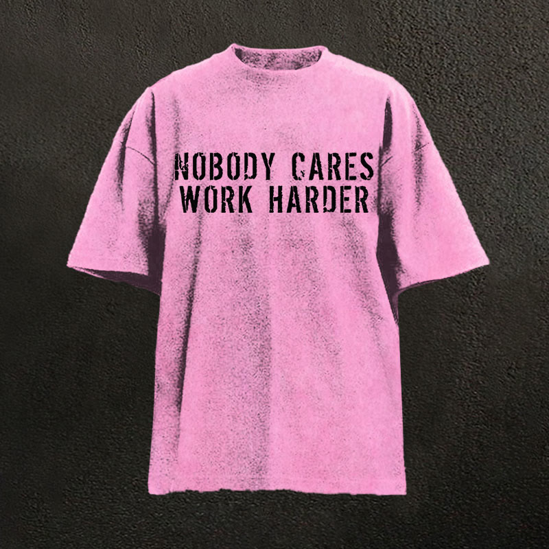 100% Cotton Nobody Cares Work Harder Printed Washed T-shirt - Pink - 2XL - image 1