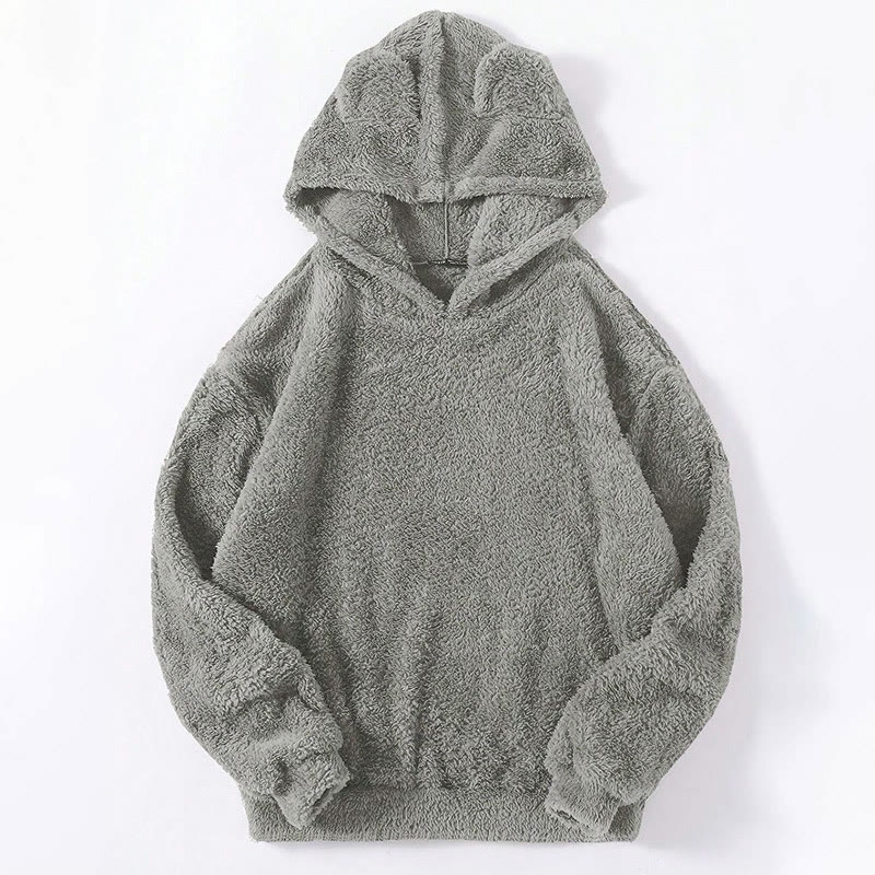 Unisex Cute Ears Solid Color Plush Hoodie