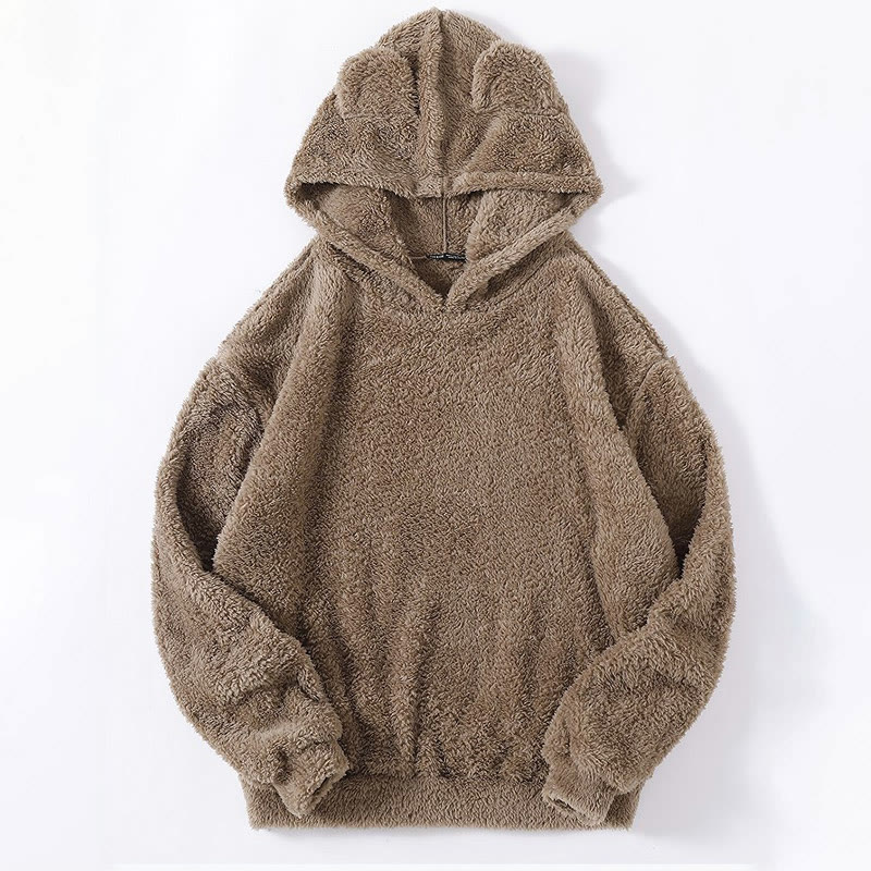 Unisex Cute Ears Solid Color Plush Hoodie