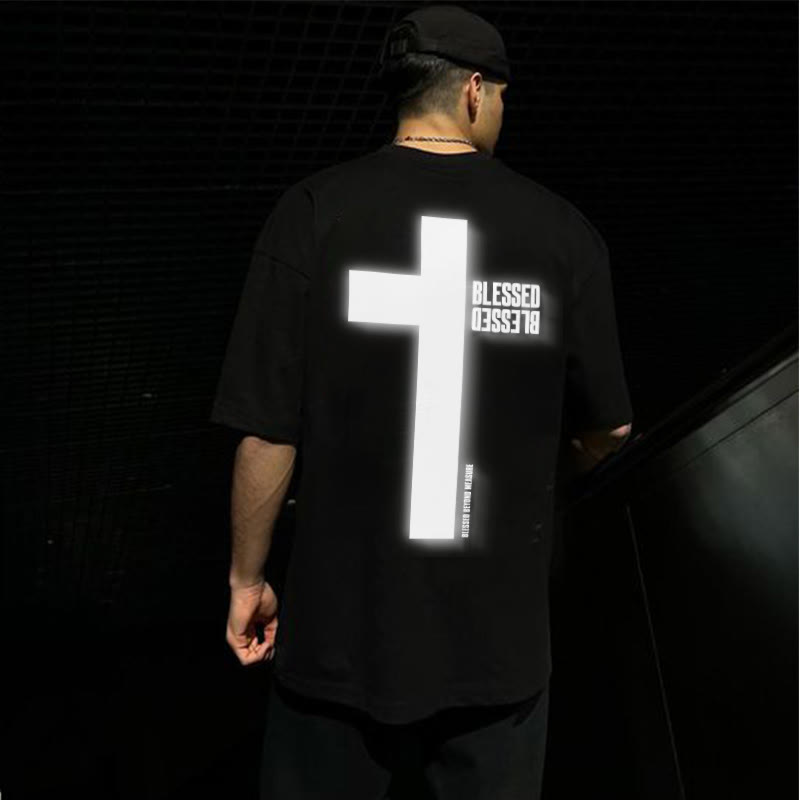 Reflective Blessed Cross Print T-shirt