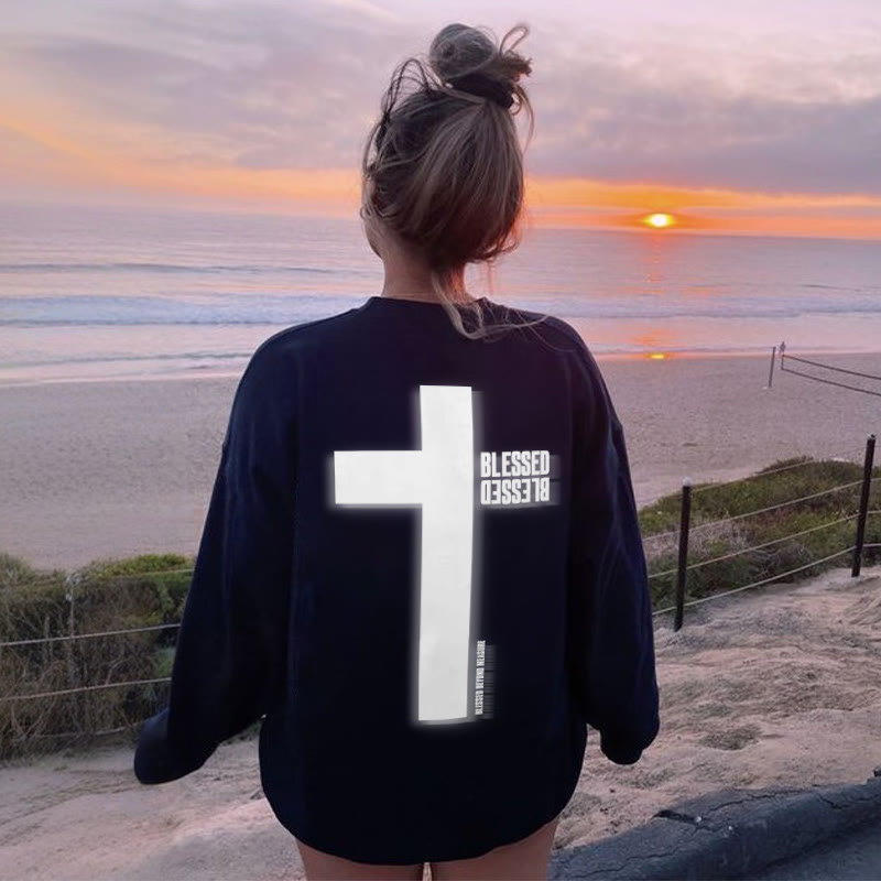 Reflective Blessed Cross Print Sweatshirt