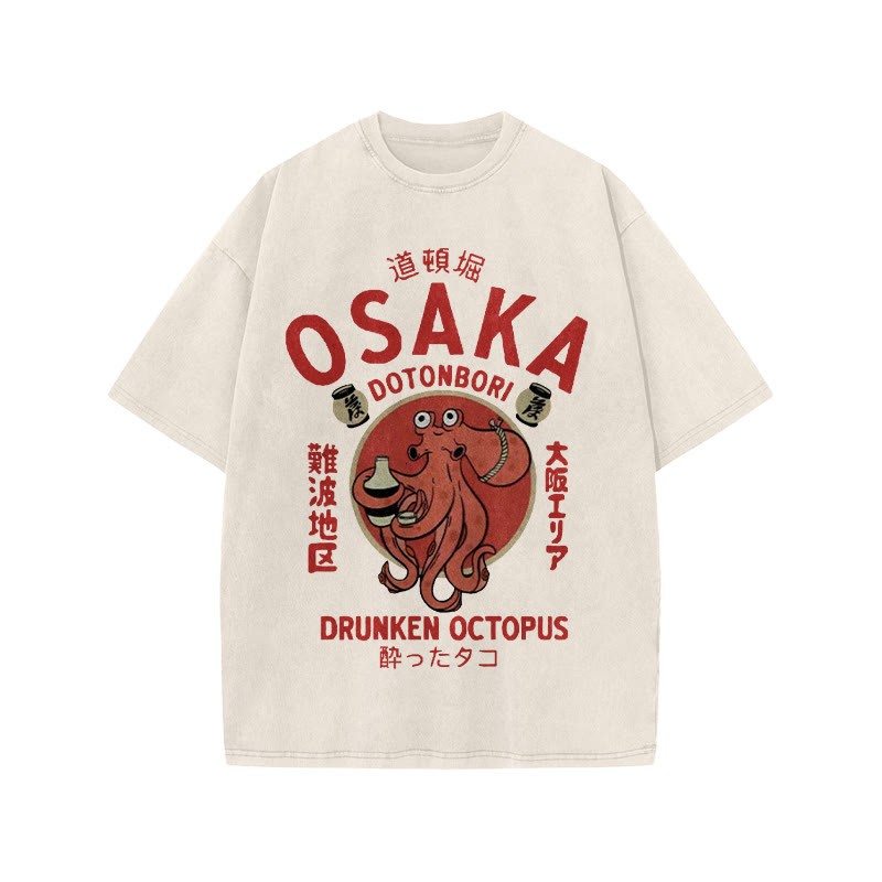 Unisex 100% Cotton OSAKA Dotonbori Octopus Vintage Print Acid Washed T-shirt