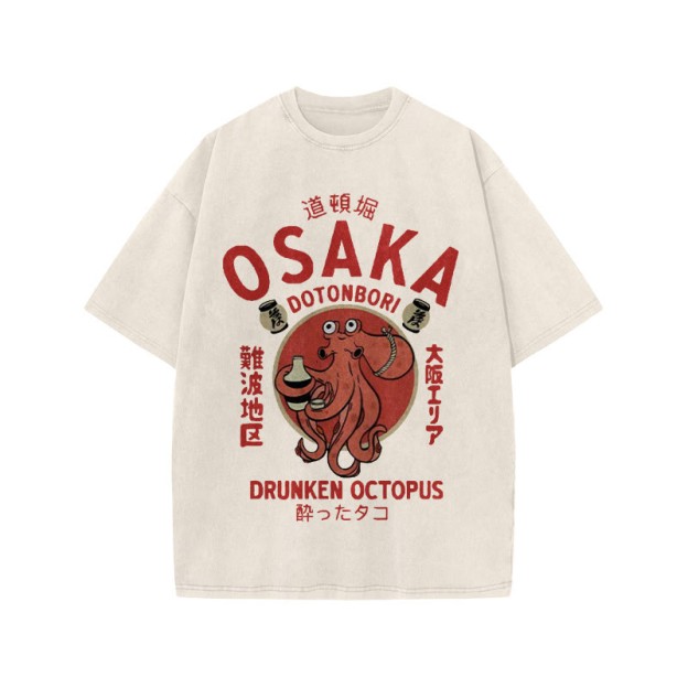 Unisex 100% Cotton OSAKA Dotonbori Octopus Vintage Print Acid Washed T-shirt
