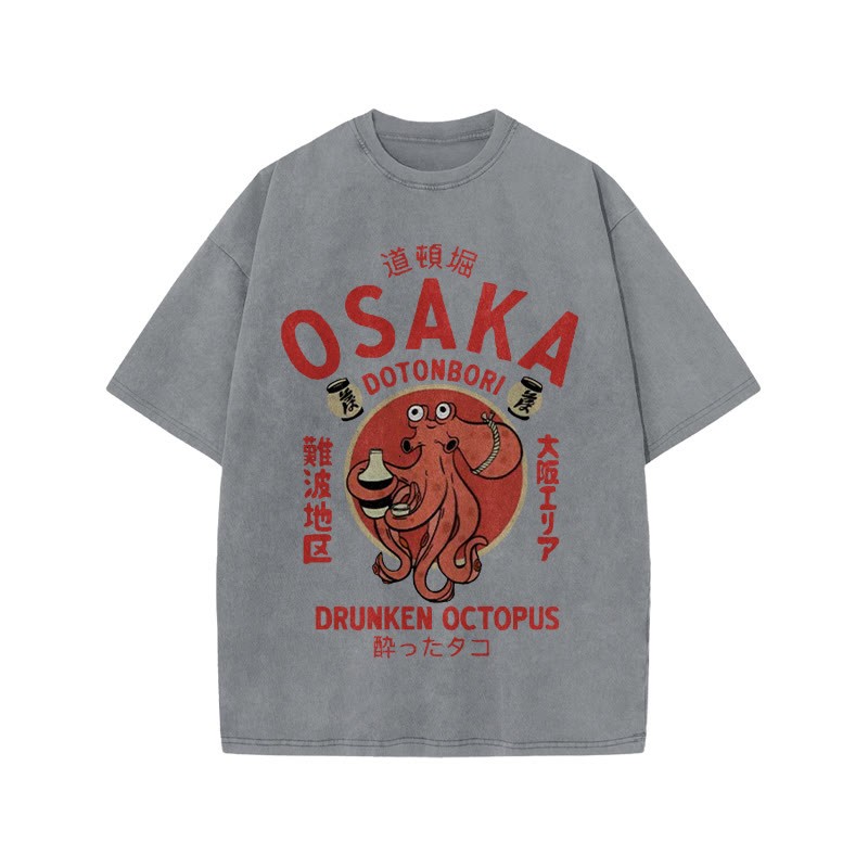 Unisex 100% Cotton OSAKA Dotonbori Octopus Vintage Print Acid Washed T-shirt
