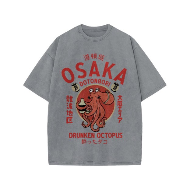 Unisex 100% Cotton OSAKA Dotonbori Octopus Vintage Print Acid Washed T-shirt