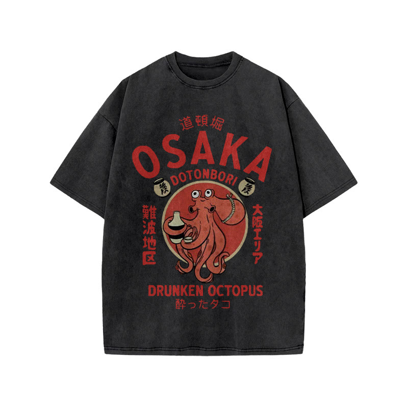 Unisex 100% Cotton OSAKA Dotonbori Octopus Vintage Print Acid Washed T-shirt