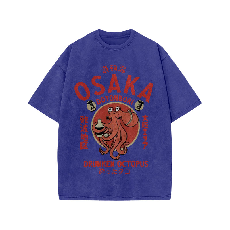 Unisex 100% Cotton OSAKA Dotonbori Octopus Vintage Print Acid Washed T-shirt