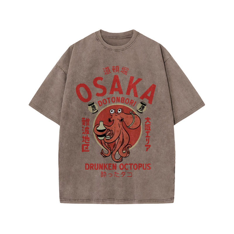 Unisex 100% Cotton OSAKA Dotonbori Octopus Vintage Print Acid Washed T-shirt