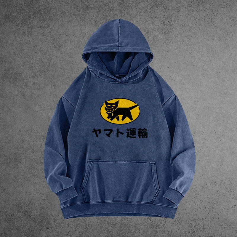 Unisex 100% Cotton TA-Q-BIN Cat Vintage printed Washed Hoodie 