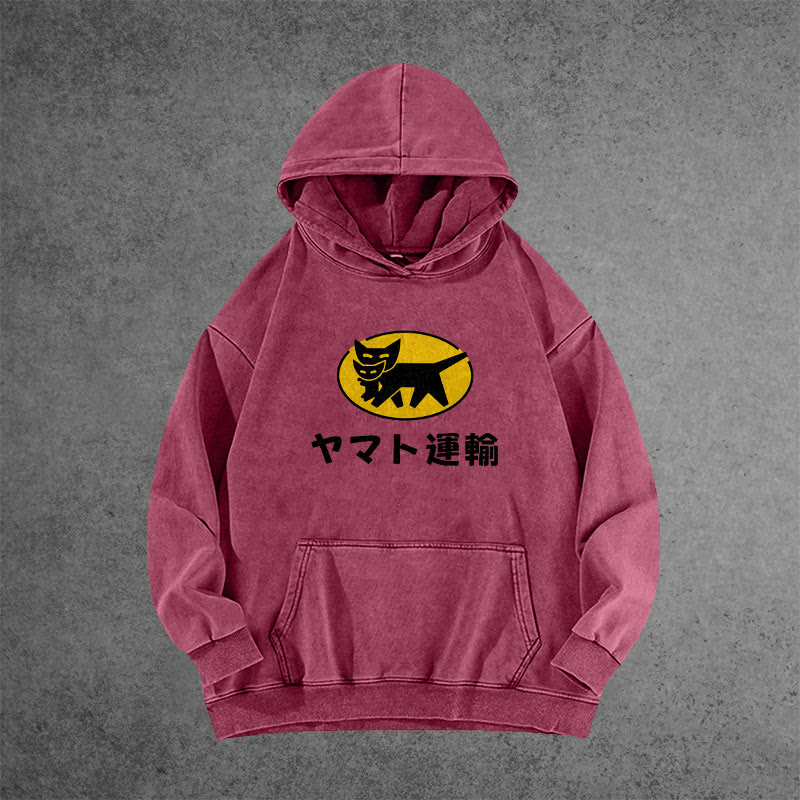 Unisex 100% Cotton TA-Q-BIN Cat Vintage printed Washed Hoodie 