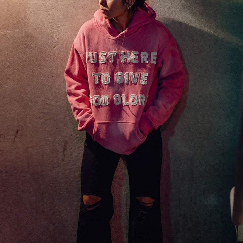 Street Style Just Here To Give God Glory Cross-letter Patch Embroidered Loose Unisex Hoodie