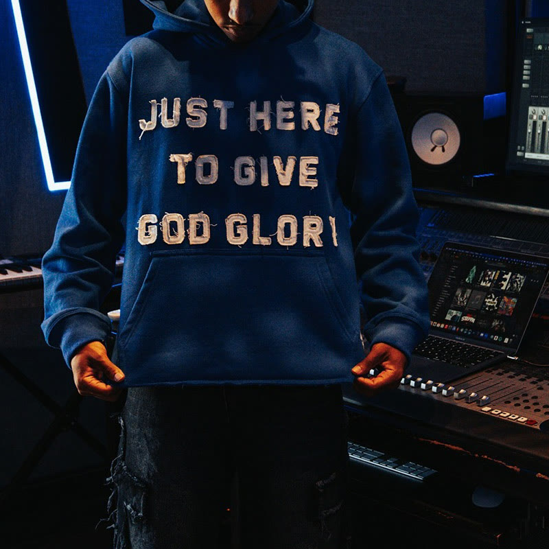 Street Style Just Here To Give God Glory Cross-letter Patch Embroidered Loose Unisex Hoodie