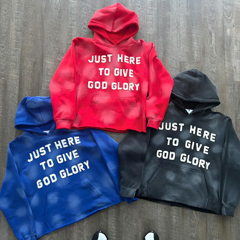 Street Style Just Here To Give God Glory Cross-letter Patch Embroidered Loose Unisex Hoodie