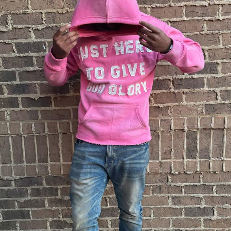 Street Style Just Here To Give God Glory Cross-letter Patch Embroidered Loose Unisex Hoodie