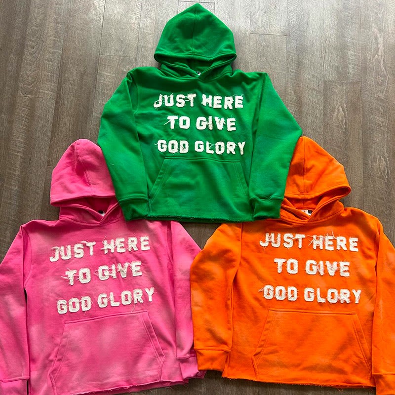 Street Style Just Here To Give God Glory Cross-letter Patch Embroidered Loose Unisex Hoodie