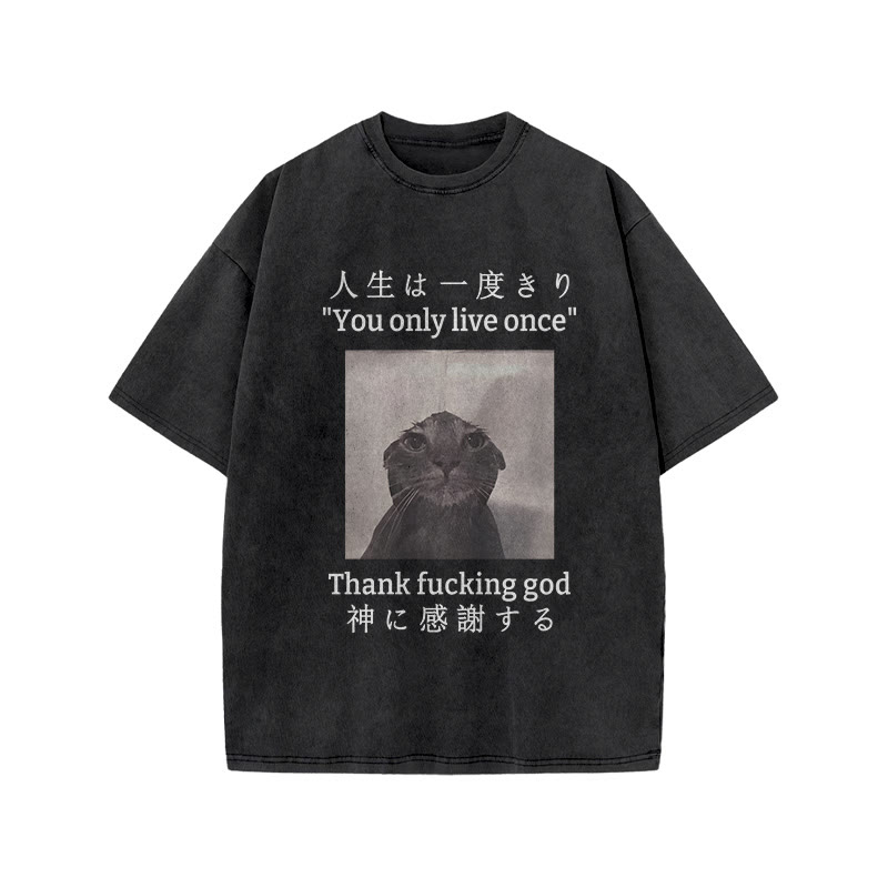 Unisex 100% Cotton Funny Melancholy Cat Print Acid Washed T-shirt