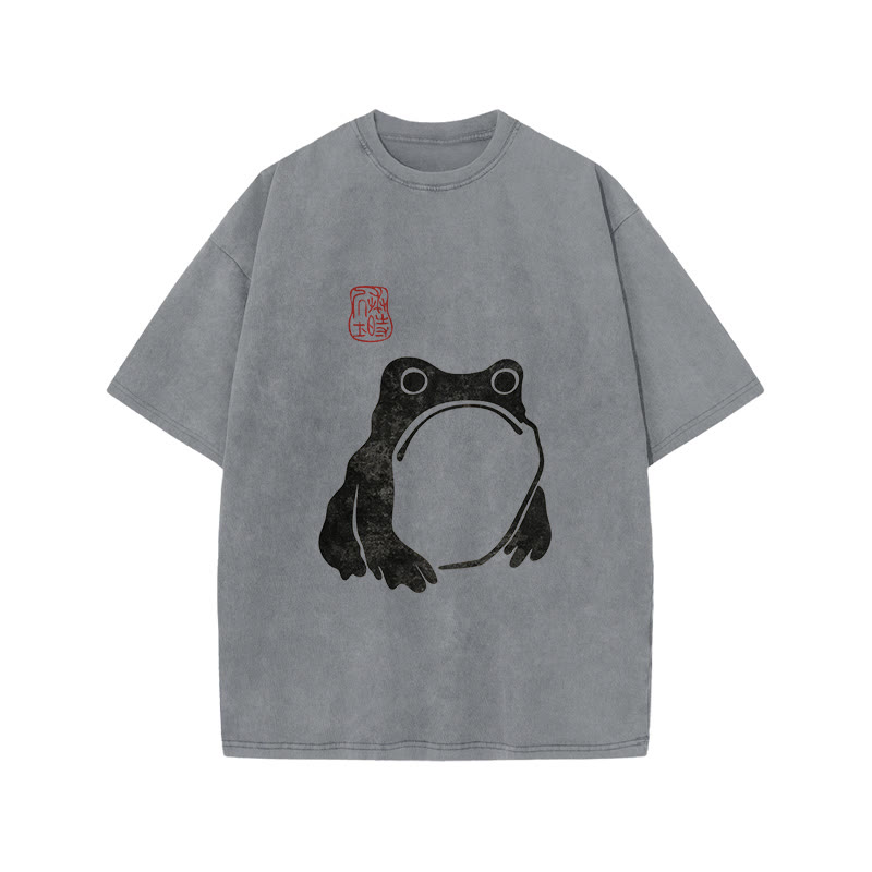 Unisex 100% Cotton Matsumoto Hoji Woodblock Print Frog Art Acid Washed T-shirt