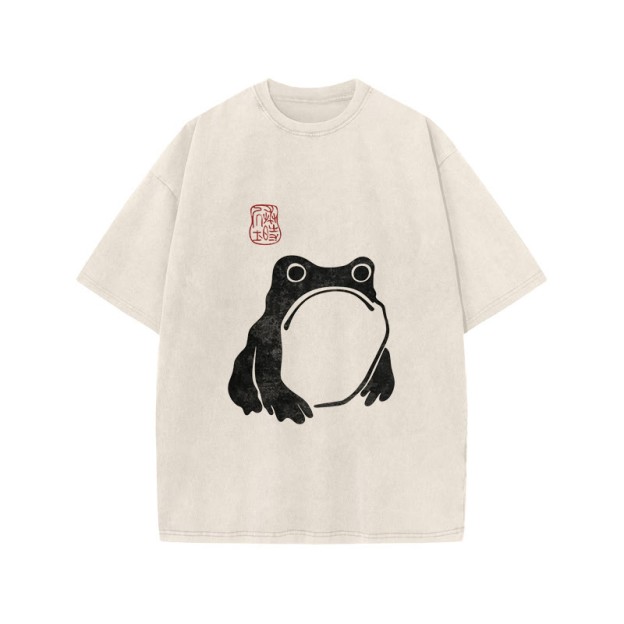 Unisex 100% Cotton Matsumoto Hoji Woodblock Print Frog Art Acid Washed T-shirt