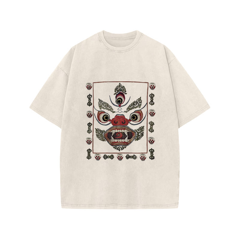 Unisex 100% Cotton Tibetan Mahakala Japan Art Print Acid Washed T-shirt