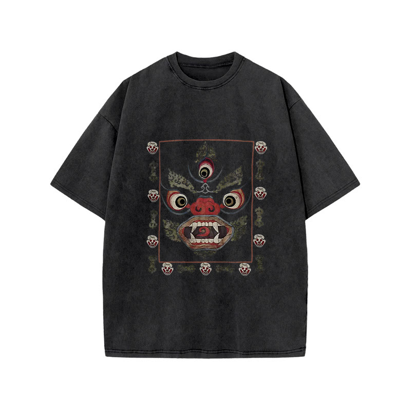 Unisex 100% Cotton Tibetan Mahakala Japan Art Print Acid Washed T-shirt