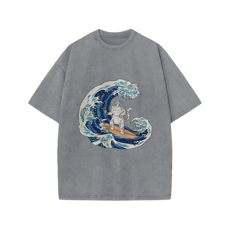 Unisex 100% Cotton Cat Surfing Japan Print Acid Washed T-shirt