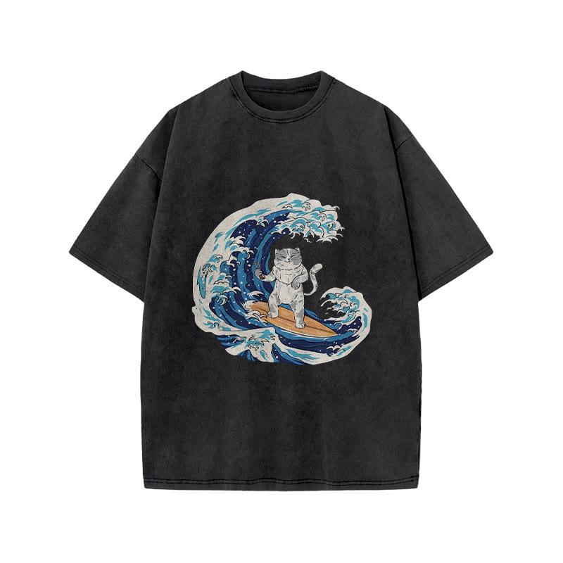 Unisex 100% Cotton Cat Surfing Japan Print Acid Washed T-shirt