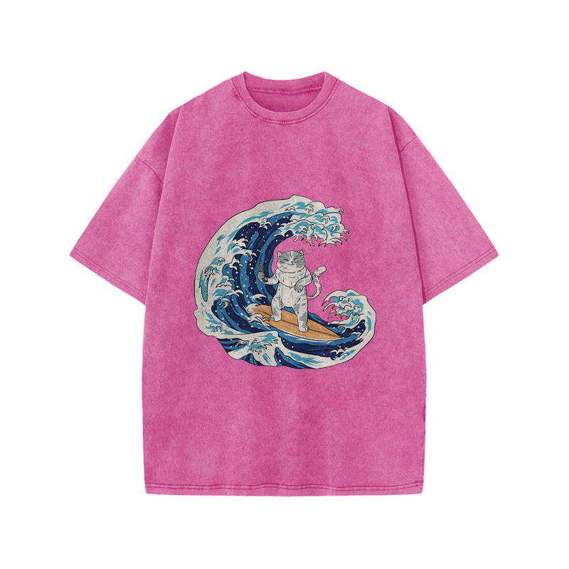 Unisex 100% Cotton Cat Surfing Japan Print Acid Washed T-shirt