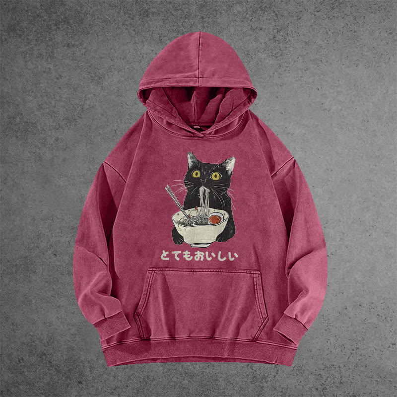 Unisex 100% Cotton Cats Eat Ramen Noodles Vintage Printed Washed Hoodie