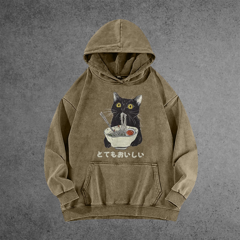 Unisex 100% Cotton Cats Eat Ramen Noodles Vintage Printed Washed Hoodie