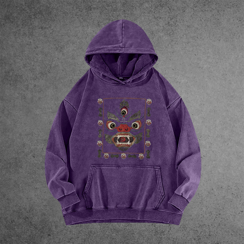 Unisex 100% Cotton Tibetan Mahakala Japan Art Vintage Printed Washed Hoodie 