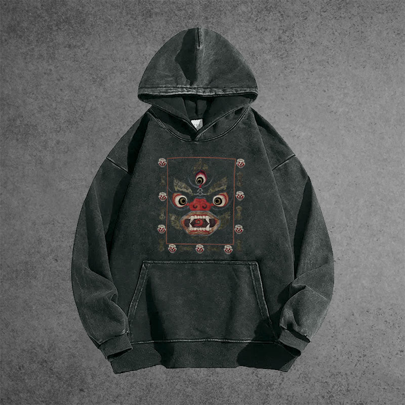 Unisex 100% Cotton Tibetan Mahakala Japan Art Vintage Printed Washed Hoodie 