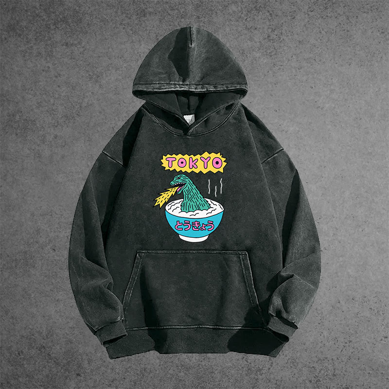 Unisex 100% Cotton The Monster Rice Of Tokyo Vintage Printed Washed Hoodie 