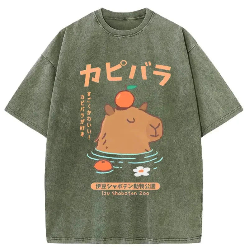 Unisex 100% Cotton Capybara Soaking In Hot Springs Print Acid Washed T-shirt
