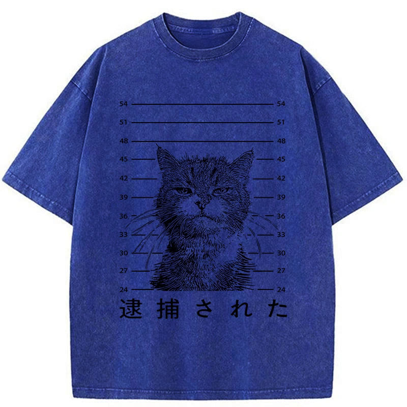 Unisex 100% Cotton Cat That Was Arrested Print Acid Washed T-shirt