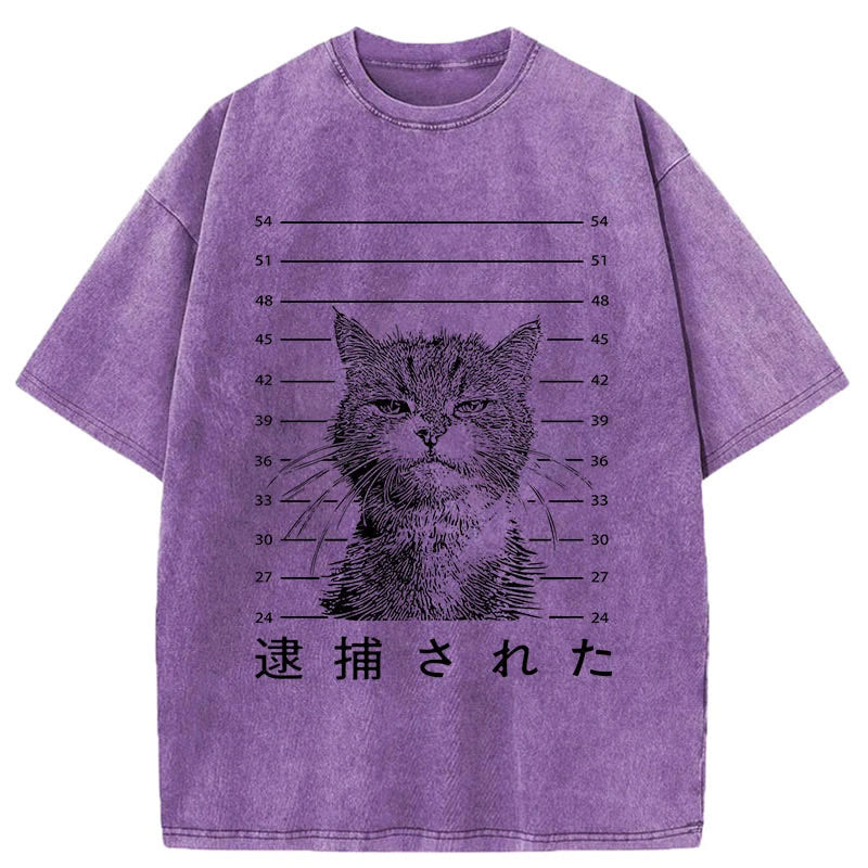 Unisex 100% Cotton Cat That Was Arrested Print Acid Washed T-shirt
