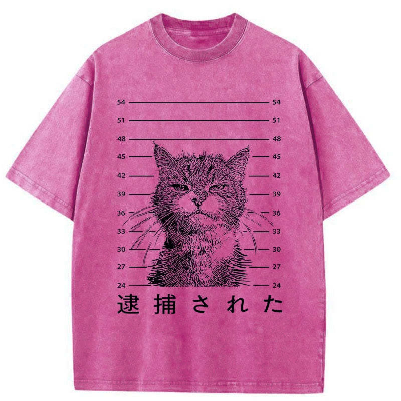 Unisex 100% Cotton Cat That Was Arrested Print Acid Washed T-shirt