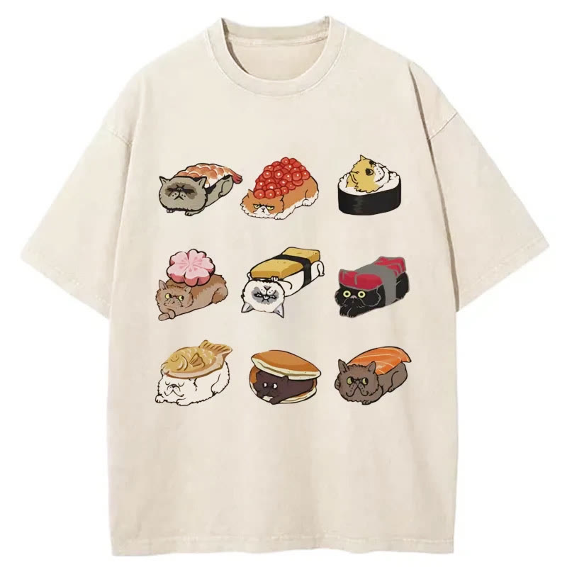 Unisex 100% Cotton Cute Cat Sushi Print Acid Washed T-shirt