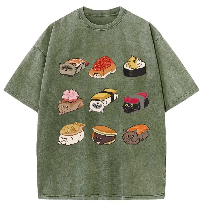 Unisex 100% Cotton Cute Cat Sushi Print Acid Washed T-shirt